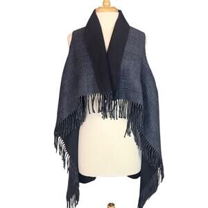 Talbots Fringe Trim Open Vest Wrap Womens Small Blue Grey Plaid Knit Sweater NWT